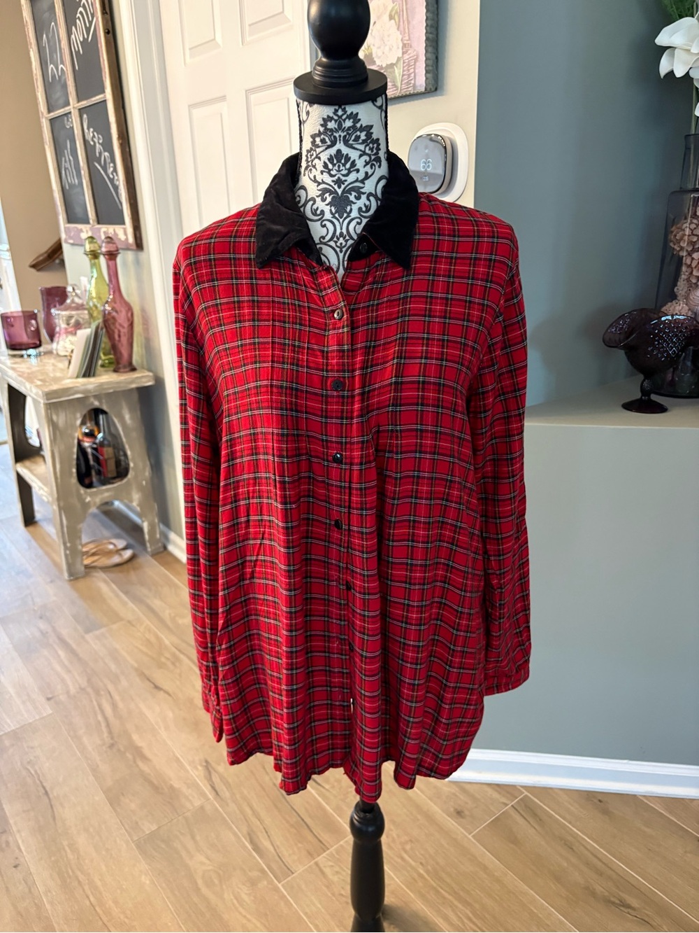 Women's Red Plaid Button-down maternity Shirt with Black Collar